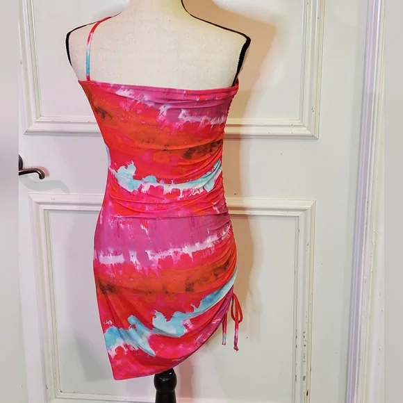 Pretty Little Thing Pink Multi Asymmetric Strap Ruched Bodycon Dress, Size 6 - Picture 10 of 16